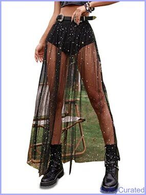 Sheer Mesh High Waist A-Line Maxi Skirt Festival Clubwear